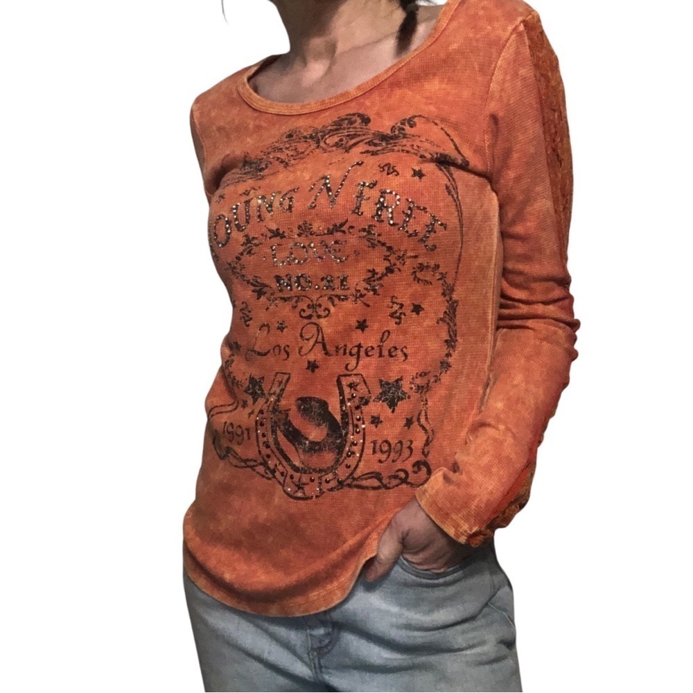 Y2K 90's Vtg Buckle USA Sz M Thermal Top Bling Western Boho Rock Grunge Rodeo - Picture 3 of 11